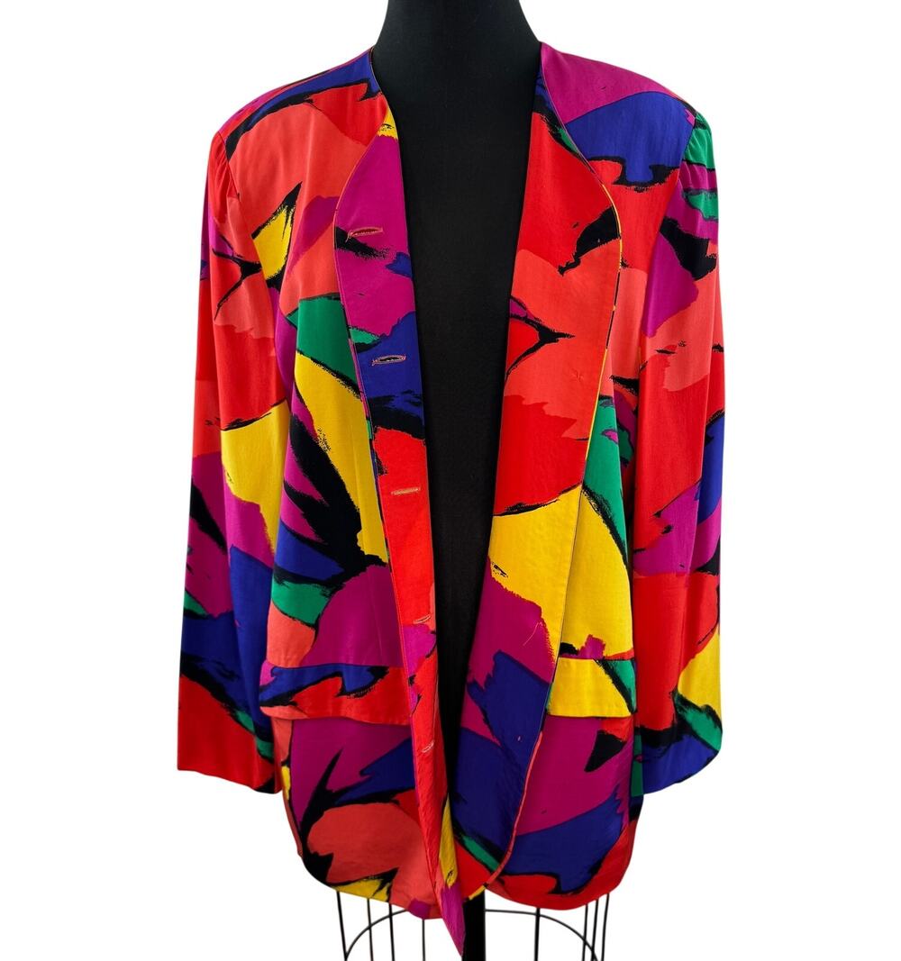 VINTAGE Glenda Wang Multi Blazer Silk Abstract V-Neck Front Button Size 38/18W